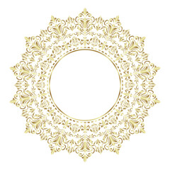 Decorative damask round golden frame, Elegant element for design in Eastern style, Classic place for text, Luxury Floral gold border, Lace illustration for invitations and greeting cards