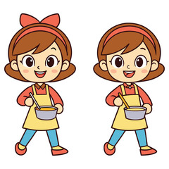 Cartoon Woman Chefs Preparing Food with Bow, Cooks, and Mixing Bowls on White