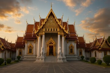 Fototapeta premium Majestic Temple with Golden Roof and Ornate Details at Sunset