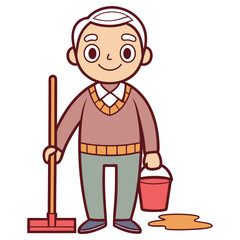 Cartoon Elderly Man Cleaning Puddle with Mop and Bucket on White Background