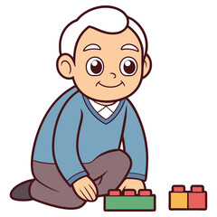 Grandfather Cartoon with White Hair Playing Colorful Blocks on White Background