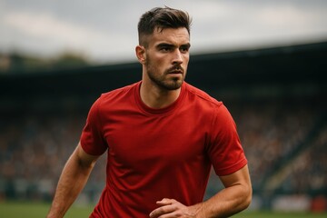 Fototapeta premium Focused male athlete running on a soccer field during training session
