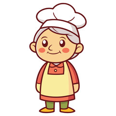 Cartoon Smiling Granny Chef with Apron, White Hat and Grey Hair on Transparent Background