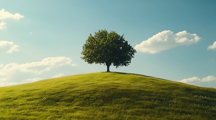 Obraz premium Solitary tree on grassy hill under blue sky. (2)