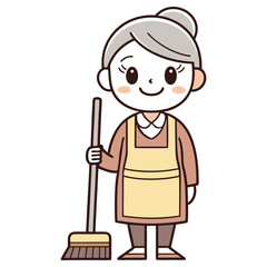 Cartoon Senior Woman Holding Broom, Wearing Apron Isolated on White Background