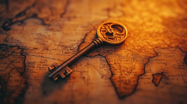 Antique key on aged world map