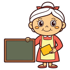 Cartoon Grandma with Chalkboard and Chalk, White Hair, Cute Character Style