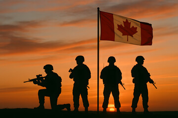 Soldiers Honoring Service at Sunset Under Canadian Flag
