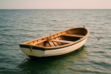 Naklejka premium Small Wooden Boat Floating on Calm Ocean Water