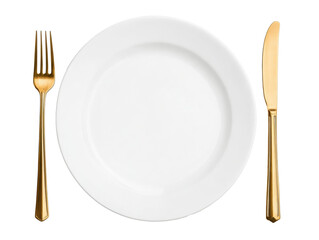 Elegant dining setup featuring a white plate and gold cutlery on a transparent background, cut out