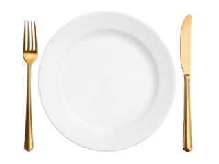 Elegant dining setup featuring a white plate and gold cutlery on a transparent background, cut out