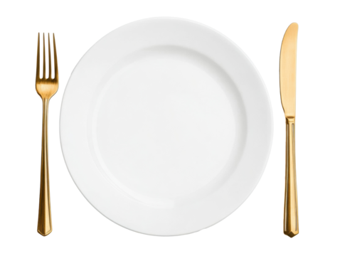 Elegant dining setup featuring a white plate and gold cutlery on a transparent background, cut out