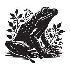 Frog silhouette jumping, climbing a plan, line art vector.