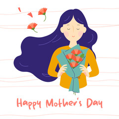 Mother's Day illustration with mother holding a bouquet of carnations