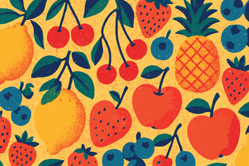 Colorful fruit pattern with lemons, cherries, strawberries, and pineapple for summer design