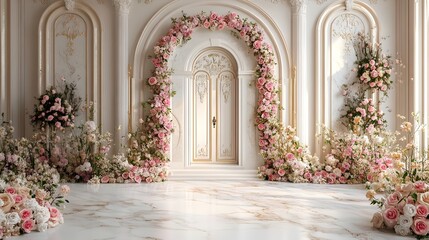 Wedding background with fresh flowers on the wall generative AI