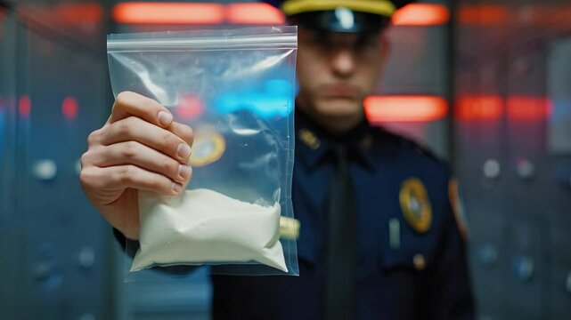 4k video of a policeman holding a bag of white powder.