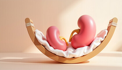 Stylized kidney illustrations in a cradle for health blogs, educational websites, medical presentations, wellness campaigns, and informative graphics related to kidney health
