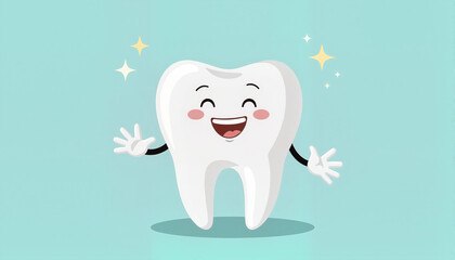Smiling cartoon tooth character with sparkles on a teal background for blogs, websites, educational materials, dental health campaigns, children's content, greeting cards, and stationery design