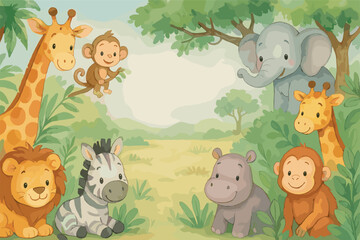 Fototapeta premium Adorable jungle animals illustration for children's room decor