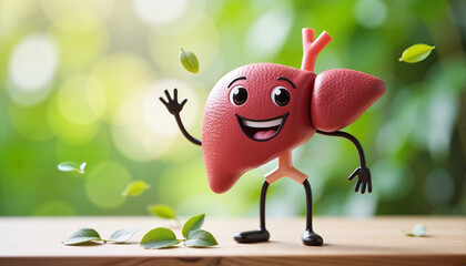 Cartoonish smiling liver character waving amidst green leaves for educational materials, health awareness campaigns, blogs, websites, and greeting card designs focused on organ health
