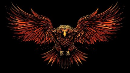 Obraz premium Fiery Eagle in Flight Isolated on Dark Background, Majestic Digital Artwork of Powerful Bird