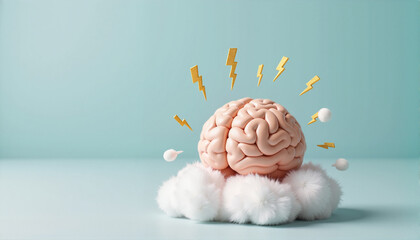 Brain model with lightning effects on fluffy clouds for educational blogs, mental health awareness materials, creative presentations, and psychological wellness content