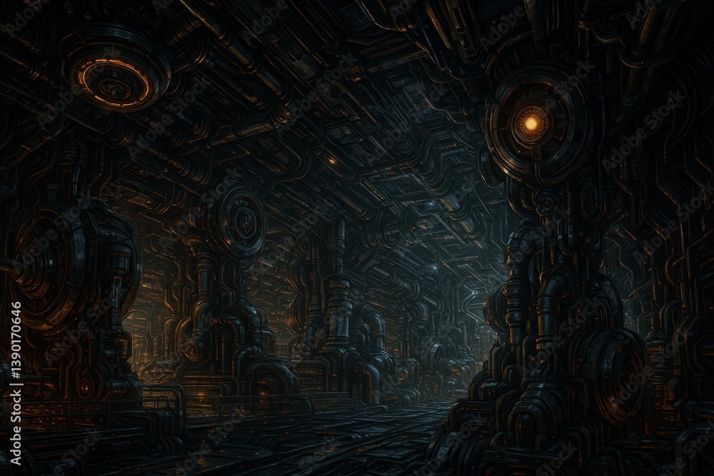 Poster futuristic sci-fi tunnel with complex pipe structures and lighting