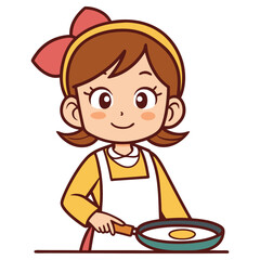 Cartoon Young Woman Cooking Fried Egg in a Pan with White Apron