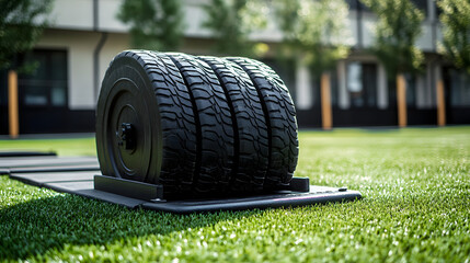 Black tire obstacle for agility training on green turf. An outdoor fitness element stands ready for drills, offering challenges on synthetic grass. Equipment for sports.
