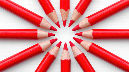 Naklejka premium Top down view of red pencils arranged in radial pattern, creating vibrant and artistic display