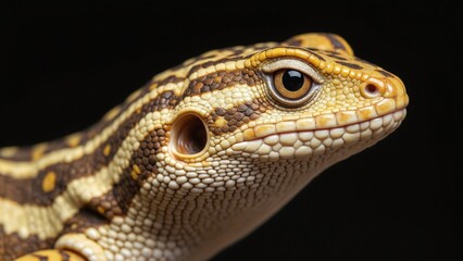 Naklejka premium Close-up of Young Lizard Head Looking Up with Bright Orange Eye