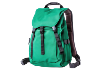 Stylish green backpack for outdoor adventures and daily use on a transparent background, cut out