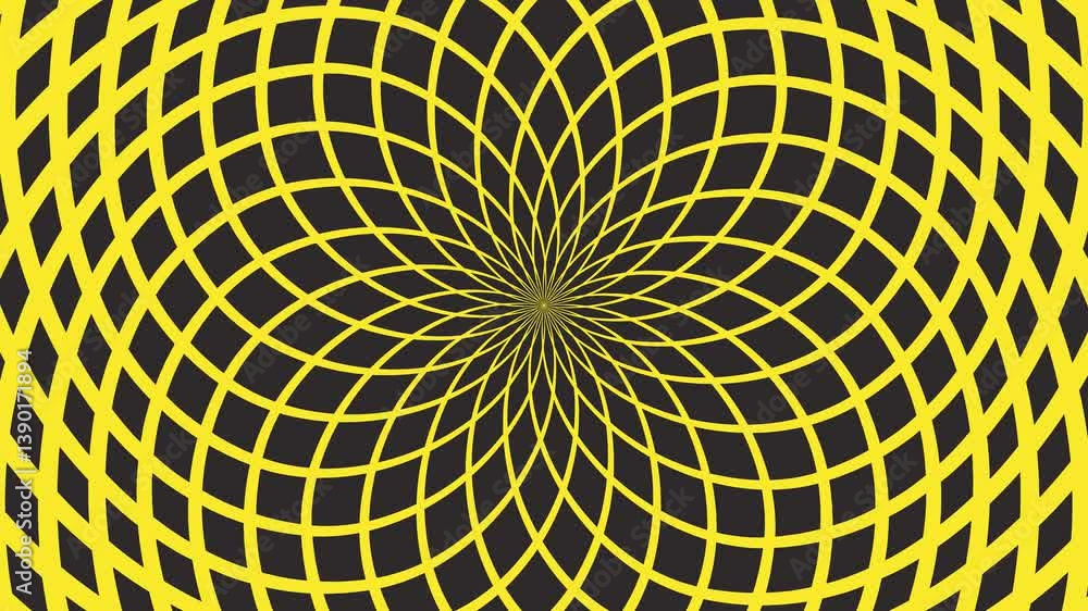 Poster abstract radial animation with bright yellow geometric lines on a black background. mesmerizing patt