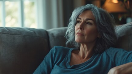 Obraz premium Contemplative Woman Sitting in Sofa in Teal Shirt Reflecting Thoughtfully on Life's Journey