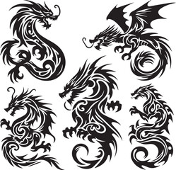 Obraz premium Tribal Dragon Tattoo Vector Illustration – Black Stylized Mythical Beast Design
