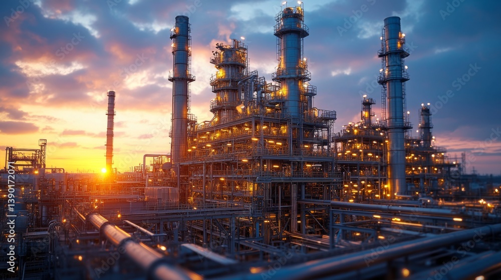 Leinwandbilder Powerplants are actively generating energy as the sun sets, creating a vibrant skyline filled with illuminated industrial structures and extensive piping networks.