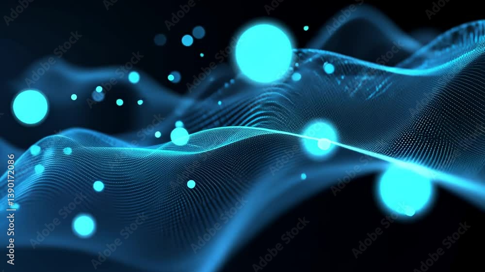 Poster abstract wave of moving dots and lines depicting cyber technology generative ai