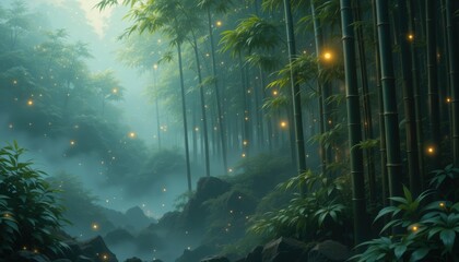 Obraz premium Emerald Bamboo Grove: Mist, Fireflies, and Verdant Foliage.