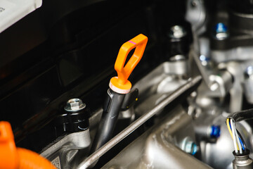 Closeup engine oil cap in engine room. Engine oil for maintenance Mechanic repairing and ...