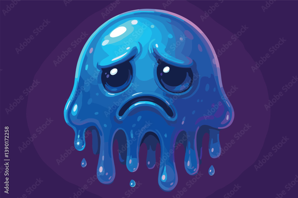 Poster melting sad face emoji on dark background - digital art for emotion expression