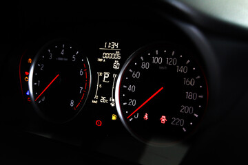 Car miles or speedometer scoring with icon and number of car on dashboard. transportation concept.