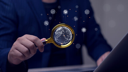 Big data and analytics visualization technology with scientist analyzing information structure on virtual screen, machine learning to extract predictions for business, finance, internet of things, iot
