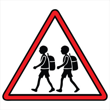 Children Walking with Backpacks Inside Triangular Warning Frame and Speed Indicator

