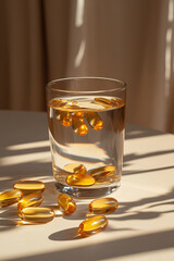 Glass of water with golden capsules on white table in sunlight