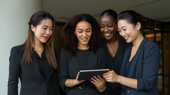 Diverse professional women collaboratively view content on a tablet device