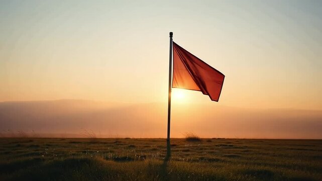 Red Flag Waving at Sunrise in Open Field for Symbolic Alert Concept