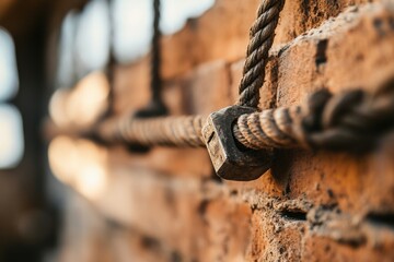 Obraz premium A close-up image of a rusty bolt securing a thick rope against a weathered brick wall, showcasing industrial textures and materials.