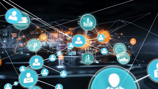Digital Network Connection: A dynamic display of interconnected digital icons representing the complex fabric of global communication and data exchange, conveying innovation and connectivity.