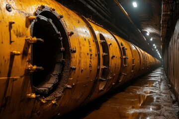 A dimly lit underground tunnel featuring large, weathered pipes, characterized by an industrial aesthetic and water pooling on the floor.